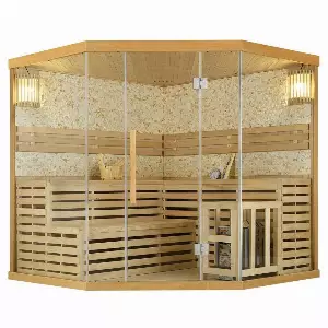 Artsauna Sauna »Espoo200 mit Steinwand«, 50 mm, Hochwertiges Hemlock Holz, Echter finnischer Harvia Ofen, Große Etagenbank für 5 Personen, LED...
