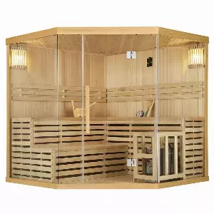 Artsauna Sauna »Espoo200 Premium«, 50 mm, Hochwertiges Hemlock Holz, Echter finnischer Harvia Ofen, Große Etagenbank für 5 Personen,...