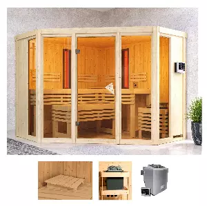Karibu Sauna »Adele«, (Set), 9-kW-Bio-Ofen mit ext. Steuerung, 2 Infrarot-Vitalight-Strahlern