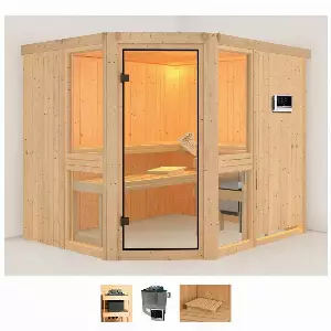 Karibu Sauna »Aline 3«, BxTxH: 231 x 196 x 198 cm, 68 mm, (Set) 9-kW-Ofen mit externer Steuerung
