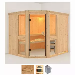 Karibu Sauna »Aline 3«, BxTxH: 231 x 196 x 198 cm, 68 mm, (Set) 9-kW-Ofen mit integrierter Steuerung