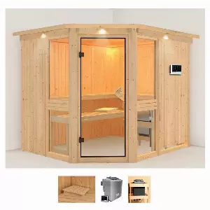 Karibu Sauna »Aline 3«, BxTxH: 245 x 210 x 202 cm, 68 mm, (Set) 9-kW-Bio-Ofen mit externer Steuerung