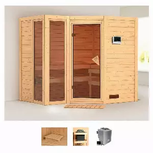 Karibu Sauna »Amada«, BxTxH: 236 x 184 x 209 cm, 40 mm, (Set) 9-kW-Bio-Ofen mit externer Steuerung
