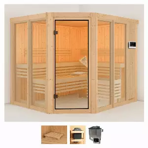 Karibu Sauna »Anike 3«, BxTxH: 231 x 196 x 198 cm, 68 mm, (Set) 9-kW-Ofen mit externer Steuerung
