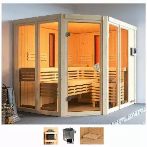 Karibu Sauna »Avril«, BxTxH: 231 x 196 x 198 cm, 68 mm, (Set) 9-kW-Ofen mit externer Steuerung