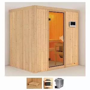 Karibu Sauna »Bedine«, BxTxH: 196 x 151 x 198 cm, 68 mm, (Set) 4,5-kW-Bio-Ofen mit externer Steuerung