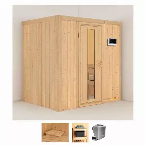 Karibu Sauna »Bedine«, BxTxH: 196 x 151 x 198 cm, 68 mm, (Set) 4,5-kW-Bio-Ofen mit externer Steuerung
