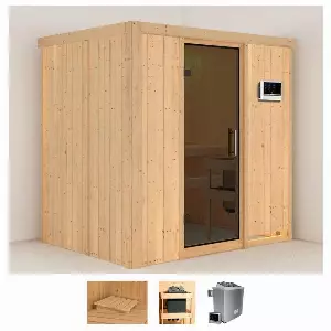 Karibu Sauna »Bedine«, BxTxH: 196 x 151 x 198 cm, 68 mm, (Set) 4,5-kW-Ofen mit externer Steuerung