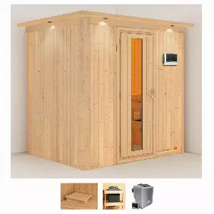Karibu Sauna »Bedine«, BxTxH: 210 x 165 x 202 cm, 68 mm, (Set) 4,5-kW-Bio-Ofen mit externer Steuerung