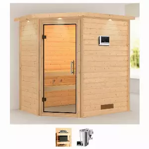 Karibu Sauna »Calla«, BxTxH: 224 x 160 x 202 cm, 38 mm, (Set) 3,6-kW-Bio-Plug & Play Ofen mit externer Steuerung