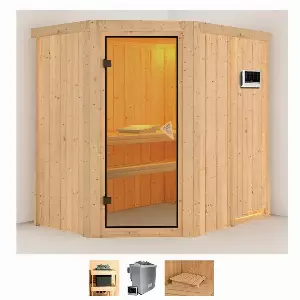 Karibu Sauna »Clara«, BxTxH: 151 x 196 x 198 cm, 68 mm, (Set) 4,5-kW-Bio-Ofen mit externer Steuerung