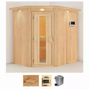 Karibu Sauna »Clara«, BxTxH: 165 x 210 x 202 cm, 68 mm, (Set) 4,5-kW-Bio-Ofen mit externer Steuerung