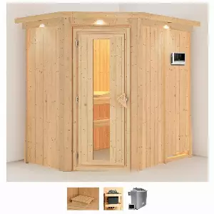 Karibu Sauna »Clara«, BxTxH: 165 x 210 x 202 cm, 68 mm, (Set) 4,5-kW-Ofen mit externer Steuerung