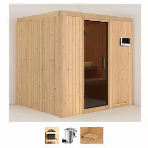 Karibu Sauna »Dima«, BxTxH: 196 x 170 x 198 cm, 68 mm, (Set) 3,6-kW-Bio-Plug & Play Ofen mit externer Steuerung