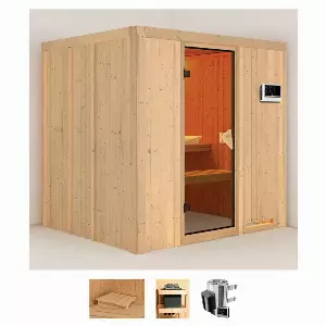 Karibu Sauna »Dima«, BxTxH: 196 x 170 x 198 cm, 68 mm, (Set) 3,6-kW-Plug & Play Ofen mit externer Steuerung