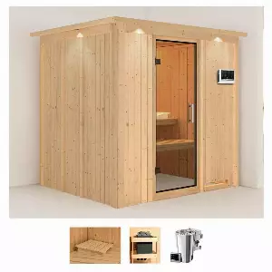 Karibu Sauna »Dima«, BxTxH: 210 x 184 x 202 cm, 68 mm, (Set) 3,6-kW-Bio-Plug & Play Ofen mit externer Steuerung