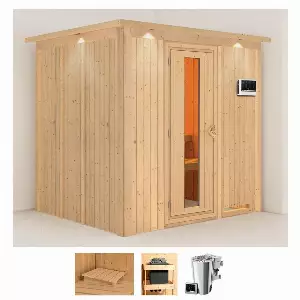 Karibu Sauna »Dima«, BxTxH: 210 x 184 x 202 cm, 68 mm, (Set) 3,6-kW-Bio-Plug & Play Ofen mit externer Steuerung