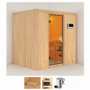 Karibu Sauna »Finja«, BxTxH: 196 x 151 x 198 cm, 68 mm, (Set) 3,6-kW-Bio-Plug & Play Ofen mit externer Steuerung