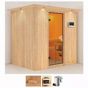 Karibu Sauna »Finja«, BxTxH: 210 x 165 x 202 cm, 68 mm, (Set) 3,6-kW-Bio-Plug & Play Ofen mit externer Steuerung