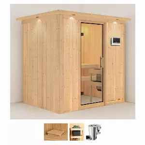 Karibu Sauna »Finja«, BxTxH: 210 x 165 x 202 cm, 68 mm, (Set) 3,6-kW-Bio-Plug & Play Ofen mit externer Steuerung