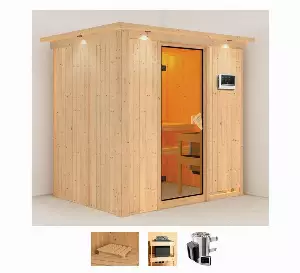 Karibu Sauna »Finja«, BxTxH: 210 x 165 x 202 cm, 68 mm, (Set) 3,6-kW-Plug & Play Ofen mit externer Steuerung
