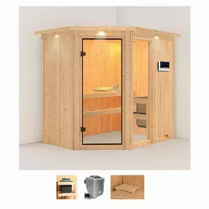 Karibu Sauna »Frigga 1«, BxTxH: 210 x 165 x 202 cm, 68 mm, (Set) 9-kW-Bio-Ofen mit externer Steuerung