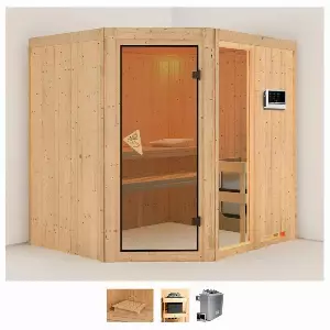 Karibu Sauna »Frigga 2«, BxTxH: 196 x 170 x 198 cm, 68 mm, (Set) 9-kW-Ofen mit externer Steuerung