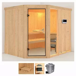 Karibu Sauna »Frigga 3«, BxTxH: 231 x 196 x 198 cm, 68 mm, (Set) 9-kW-Ofen mit externer Steuerung