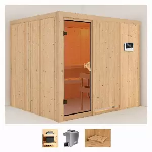 Karibu Sauna »Gitte«, BxTxH: 231 x 196 x 198 cm, 68 mm, (Set) 9-kW-Ofen mit externer Steuerung