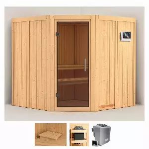 Karibu Sauna »Jarla«, BxTxH: 196 x 196 x 198 cm, 68 mm, (Set) 9-kW-Bio-Ofen mit externer Steuerung