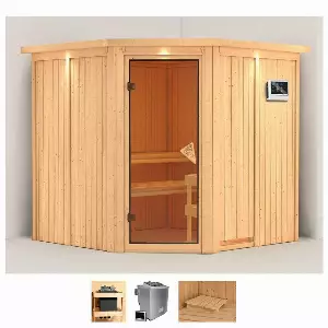 Karibu Sauna »Jarla«, BxTxH: 196 x 196 x 198 cm, 68 mm, (Set) 9-kW-Ofen mit externer Steuerung