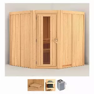 Karibu Sauna »Jarla«, BxTxH: 196 x 196 x 198 cm, 68 mm, (Set) 9-kW-Ofen mit integrierter Steuerung