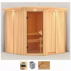 Karibu Sauna »Jarla«, BxTxH: 210 x 210 x 202 cm, 68 mm, (Set) 9-kW-Ofen mit integrierter Steuerung
