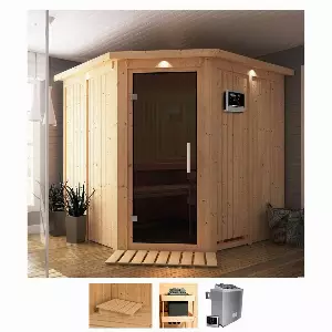 Karibu Sauna »Jarla«, BxTxH: 210 x 210 x 202 cm, 68 mm, (Set) 9-kW-Ofen mit externer Steuerung