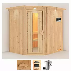 Karibu Sauna »Laila«, BxTxH: 210 x 184 x 202 cm, 68 mm, (Set) 3,6-kW-Bio-Plug & Play Ofen mit externer Steuerung