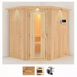 Karibu Sauna »Laila«, BxTxH: 210 x 184 x 202 cm, 68 mm, (Set) 3,6-kW-Plug & Play Ofen mit externer Steuerung