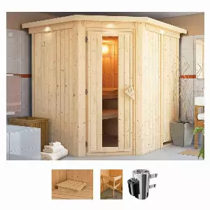 Karibu Sauna »Lellin«, BxTxH: 210 x 184 x 202 cm, 68 mm, (Set) 3,6-kW-Plug & Play Ofen mit int. Steuerung