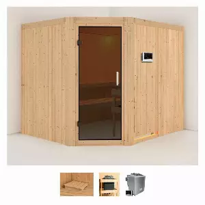 Karibu Sauna »Marit«, BxTxH: 231 x 196 x 198 cm, 68 mm, (Set) 9-kW-Bio-Ofen mit externer Steuerung