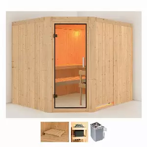 Karibu Sauna »Marit«, BxTxH: 231 x 196 x 198 cm, 68 mm, (Set) 9-kW-Ofen mit integrierter Steuerung