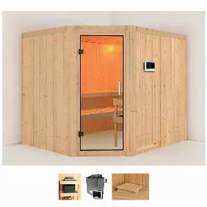 Karibu Sauna »Marit«, BxTxH: 231 x 196 x 198 cm, 68 mm, (Set) 9-kW-Ofen mit externer Steuerung