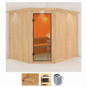 Karibu Sauna »Marit«, BxTxH: 245 x 210 x 202 cm, 68 mm, (Set) 9-kW-Ofen mit integrierter Steuerung