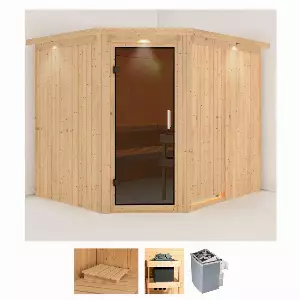 Karibu Sauna »Marit«, BxTxH: 245 x 210 x 202 cm, 68 mm, (Set) 9-kW-Ofen mit integrierter Steuerung