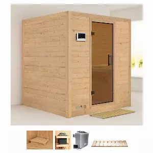 Karibu Sauna »Menja«, BxTxH: 196 x 196 x 200 cm, 40 mm, (Set) 9-kW-Bio-Ofen mit externer Steuerung