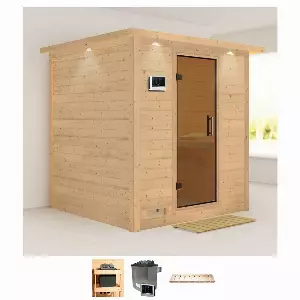 Karibu Sauna »Menja«, BxTxH: 224 x 210 x 206 cm, 40 mm, (Set) 9-kW-Ofen mit externer Steuerung