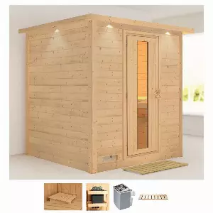 Karibu Sauna »Menja«, BxTxH: 224 x 210 x 206 cm, 40 mm, (Set) 9-kW-Ofen mit integrierter Steuerung