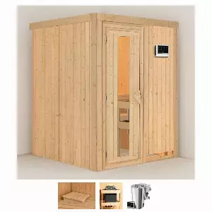 Karibu Sauna »Milaja«, BxTxH: 151 x 151 x 198 cm, 68 mm, (Set) 3,6-kW-Bio-Plug & Play Ofen mit externer Steuerung