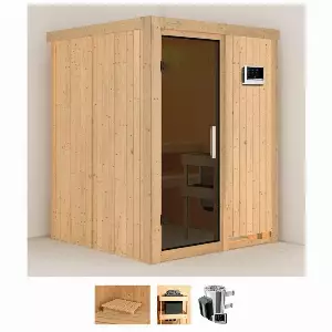 Karibu Sauna »Milaja«, BxTxH: 151 x 151 x 198 cm, 68 mm, (Set) 3,6-kW-Plug & Play Ofen mit externer Steuerung