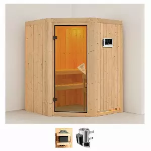 Karibu Sauna »Nanna«, BxTxH: 151 x 151 x 198 cm, 68 mm, (Set) 3,6-kW-Plug & Play Ofen mit externer Steuerung