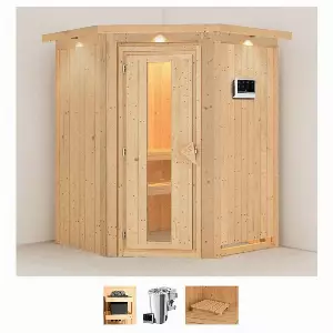 Karibu Sauna »Nanna«, BxTxH: 165 x 165 x 202 cm, 68 mm, (Set) 3,6-kW-Bio-Plug & Play Ofen mit externer Steuerung