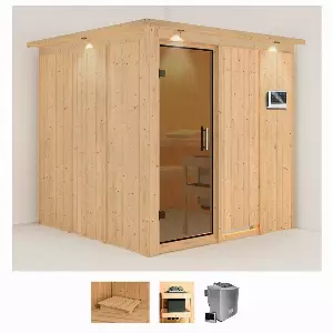 Karibu Sauna »Romina«, BxTxH: 210 x 210 x 202 cm, 68 mm, (Set) 9-kW-Bio-Ofen mit externer Steuerung